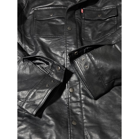 Levis Faux Leather Trucker Sherpa-Lined Jacket Black Zip Snap Button Biker Men L - Picture 15 of 16